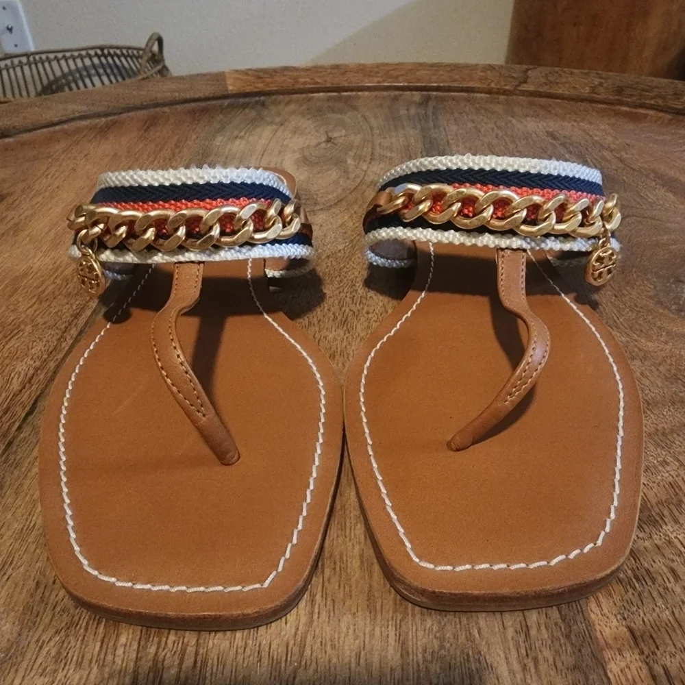 Tory Burch Striped Mini Benton Chain Band Thong Sandals Womens Sz 9